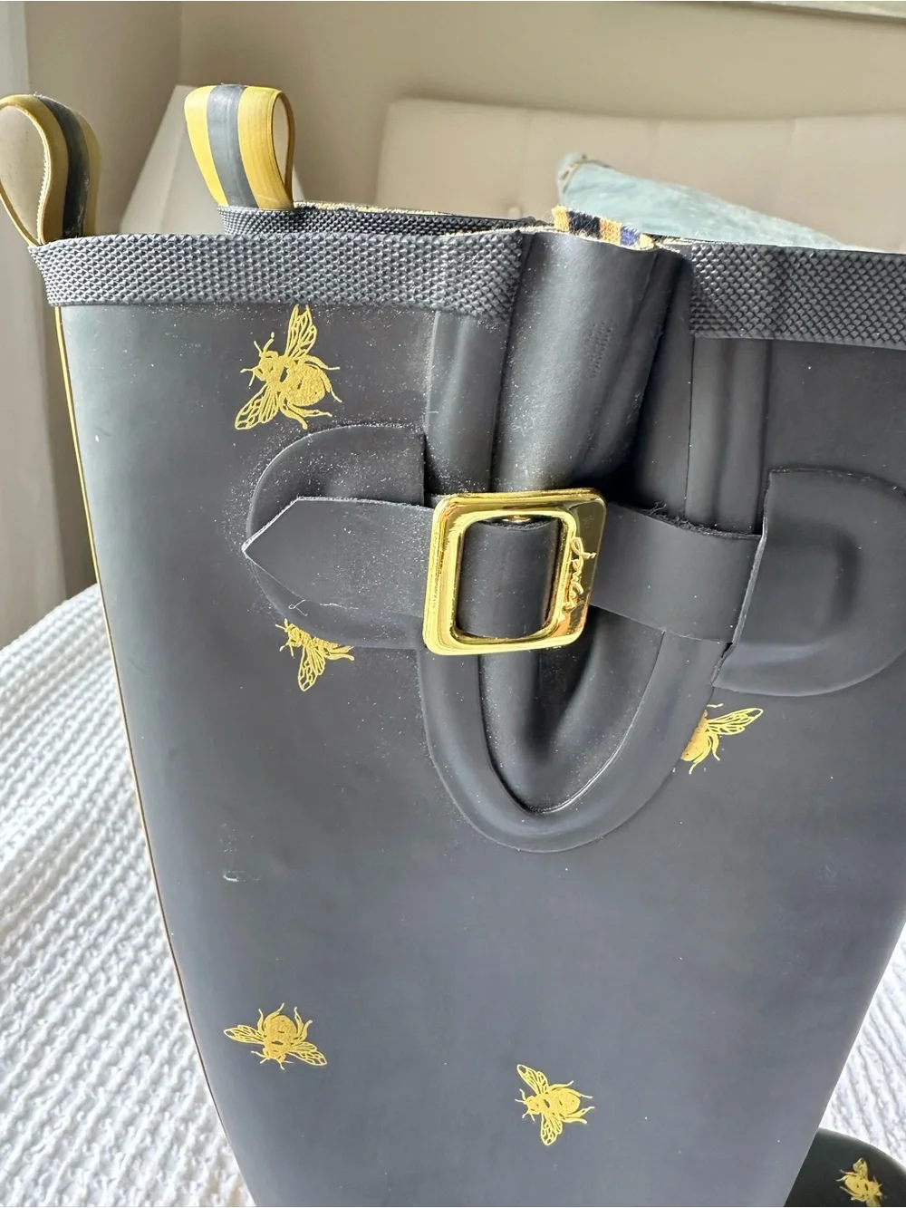 Joules Field Welly Womens Rain Boot Black Gold Bee Print Tall Rubber US 10 EU 42